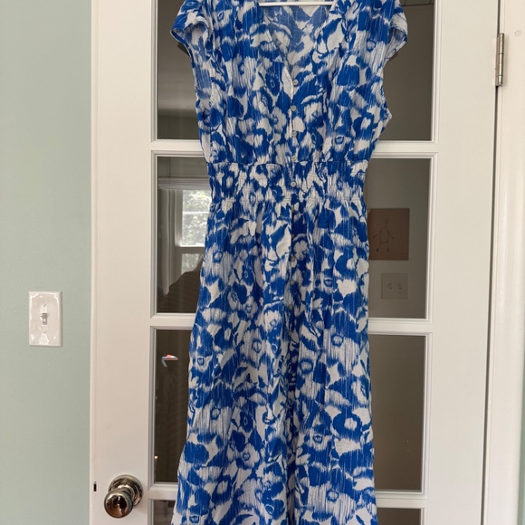 Sonoma Smock Button Midi Dress, Vivid Blue Floral, Petite Large - Picture 2 of 9